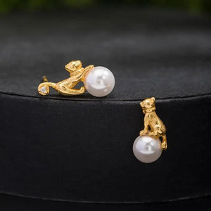 18k Gold Plated Sterling Silver & Pearl Cat Stud Earrings-Furbaby Friends Gifts