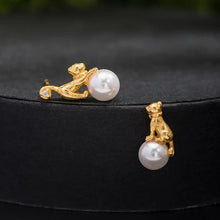 Laden Sie das Bild in den Galerie-Viewer, 18k Gold Plated Sterling Silver &amp; Pearl Cat Stud Earrings-Furbaby Friends Gifts