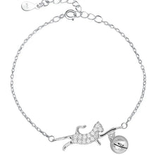 Load image into Gallery viewer, Sterling Silver Crystal Cat &amp; Ball Charm Bracelet-Furbaby Friends Gifts