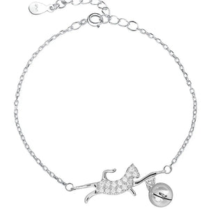 Sterling Silver Crystal Cat & Ball Charm Bracelet-Furbaby Friends Gifts